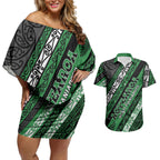 Personalised Aotearoa Ngati Maniapoto Couples Matching Off Shoulder Short Dress and Hawaiian Shirt New Zealand Maori Tribal Fern Pattern