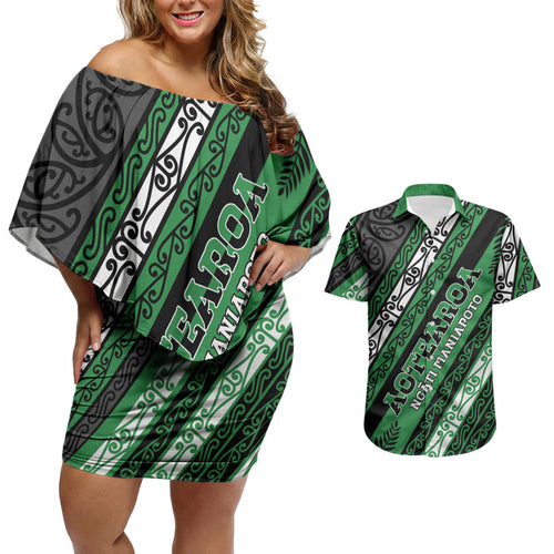 Personalised Aotearoa Ngati Maniapoto Couples Matching Off Shoulder Short Dress and Hawaiian Shirt New Zealand Maori Tribal Fern Pattern