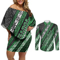 Personalised Aotearoa Ngati Maniapoto Couples Matching Off Shoulder Short Dress and Long Sleeve Button Shirt New Zealand Maori Tribal Fern Pattern