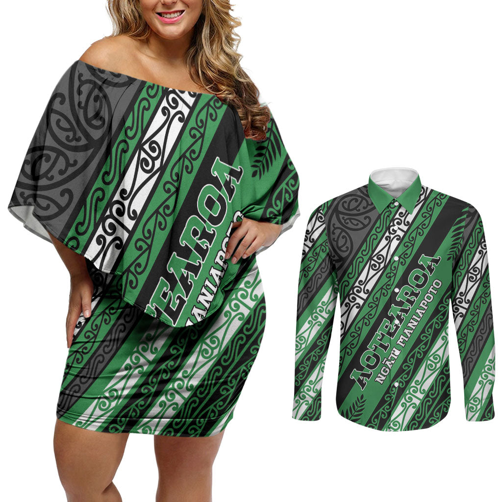 Personalised Aotearoa Ngati Maniapoto Couples Matching Off Shoulder Short Dress and Long Sleeve Button Shirt New Zealand Maori Tribal Fern Pattern