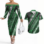 Personalised Aotearoa Ngati Maniapoto Couples Matching Off The Shoulder Long Sleeve Dress and Hawaiian Shirt New Zealand Maori Tribal Fern Pattern