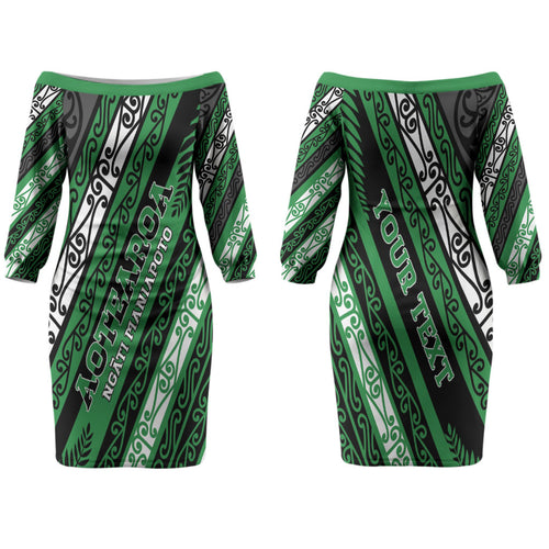 Personalised Aotearoa Ngati Maniapoto Couples Matching Off The Shoulder Long Sleeve Dress and Hawaiian Shirt New Zealand Maori Tribal Fern Pattern