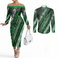 Personalised Aotearoa Ngati Maniapoto Couples Matching Off The Shoulder Long Sleeve Dress and Long Sleeve Button Shirt New Zealand Maori Tribal Fern Pattern