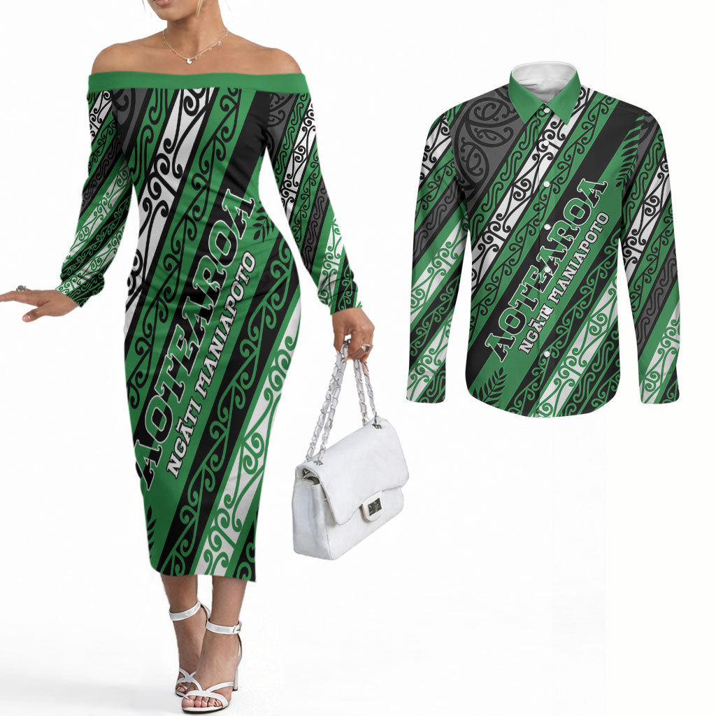 Personalised Aotearoa Ngati Maniapoto Couples Matching Off The Shoulder Long Sleeve Dress and Long Sleeve Button Shirt New Zealand Maori Tribal Fern Pattern