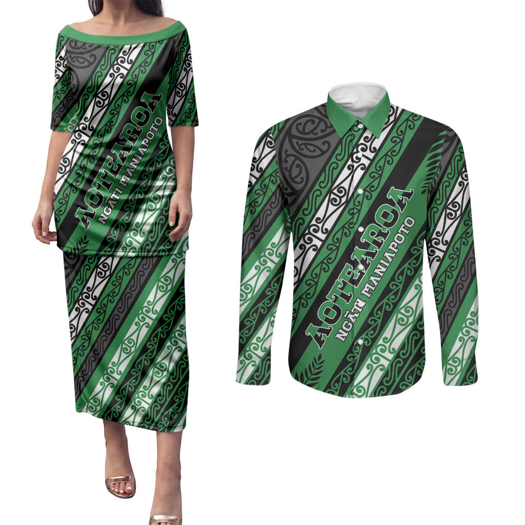 Personalised Aotearoa Ngati Maniapoto Couples Matching Puletasi and Long Sleeve Button Shirt New Zealand Maori Tribal Fern Pattern