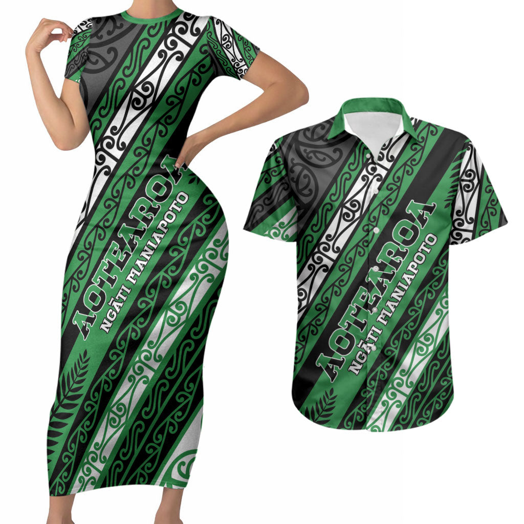Personalised Aotearoa Ngati Maniapoto Couples Matching Short Sleeve Bodycon Dress and Hawaiian Shirt New Zealand Maori Tribal Fern Pattern