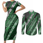Personalised Aotearoa Ngati Maniapoto Couples Matching Short Sleeve Bodycon Dress and Long Sleeve Button Shirt New Zealand Maori Tribal Fern Pattern