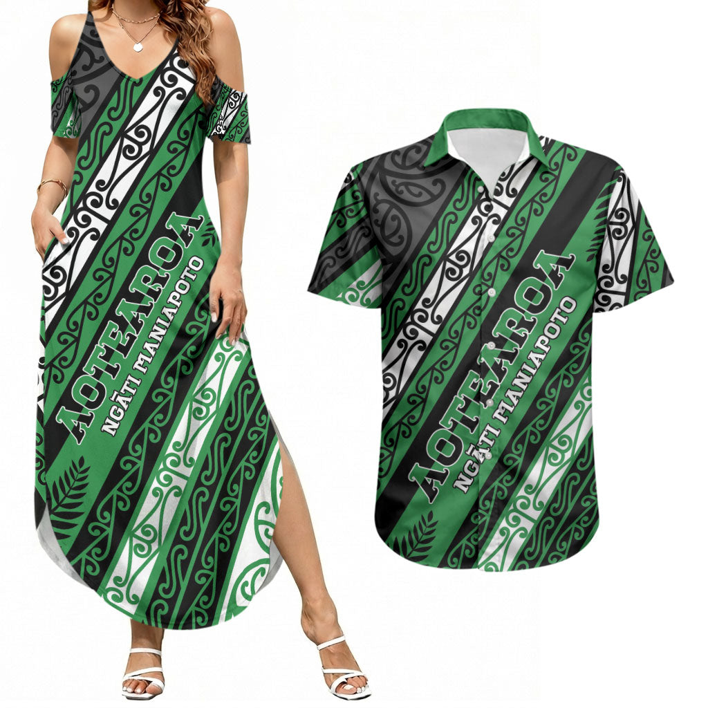 Personalised Aotearoa Ngati Maniapoto Couples Matching Summer Maxi Dress and Hawaiian Shirt New Zealand Maori Tribal Fern Pattern