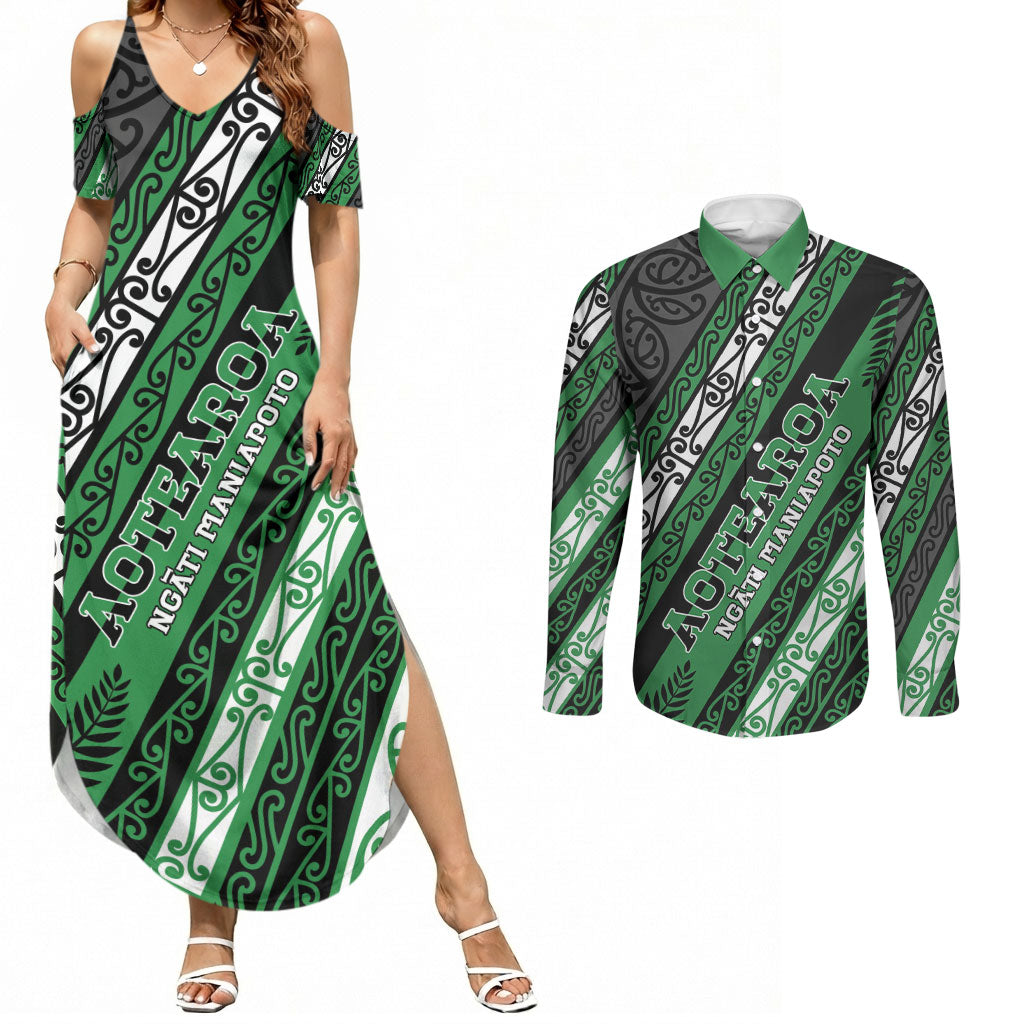 Personalised Aotearoa Ngati Maniapoto Couples Matching Summer Maxi Dress and Long Sleeve Button Shirt New Zealand Maori Tribal Fern Pattern