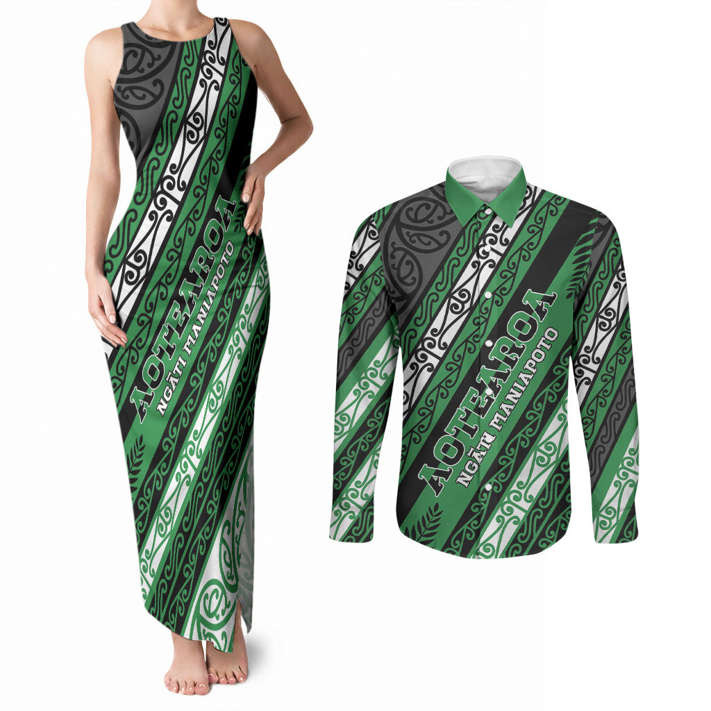 Personalised Aotearoa Ngati Maniapoto Couples Matching Tank Maxi Dress and Long Sleeve Button Shirt New Zealand Maori Tribal Fern Pattern