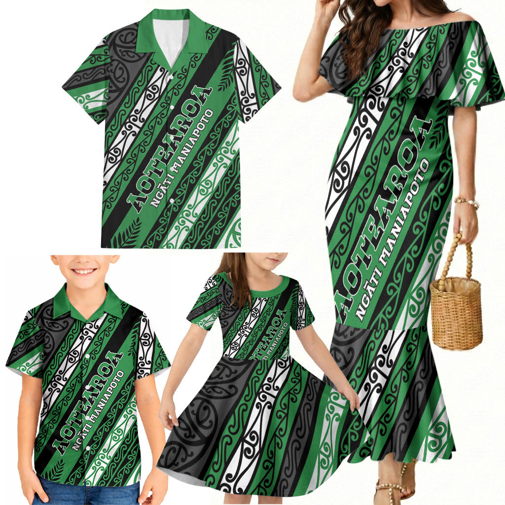 Personalised Aotearoa Ngati Maniapoto Family Matching Mermaid Dress and Hawaiian Shirt New Zealand Maori Tribal Fern Pattern