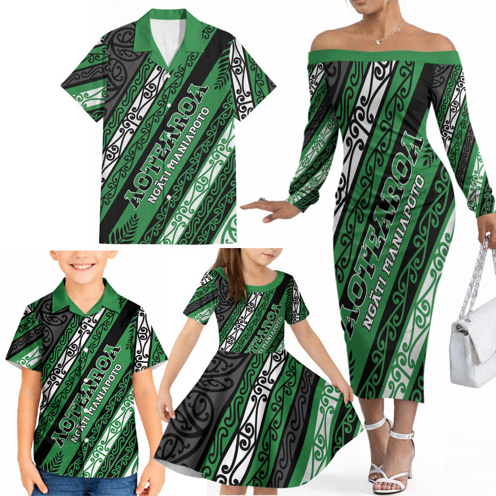 Personalised Aotearoa Ngati Maniapoto Family Matching Off The Shoulder Long Sleeve Dress and Hawaiian Shirt New Zealand Maori Tribal Fern Pattern