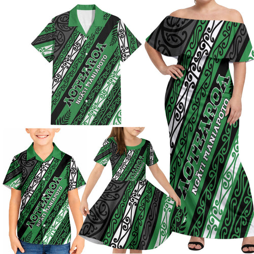 Personalised Aotearoa Ngati Maniapoto Family Matching Off Shoulder Maxi Dress and Hawaiian Shirt New Zealand Maori Tribal Fern Pattern