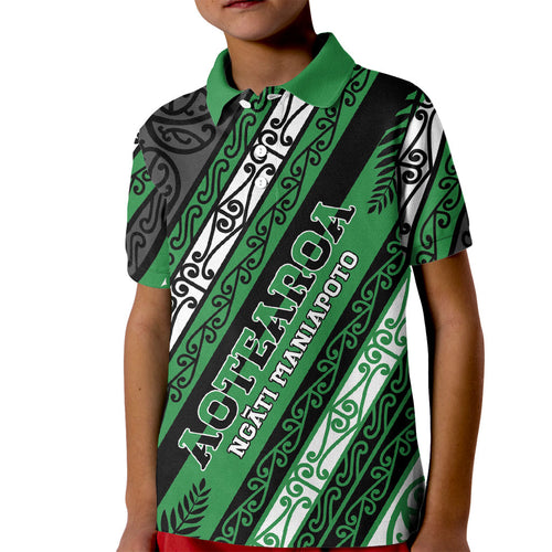 Personalised Aotearoa Ngati Maniapoto Kid Polo Shirt New Zealand Maori Tribal Fern Pattern