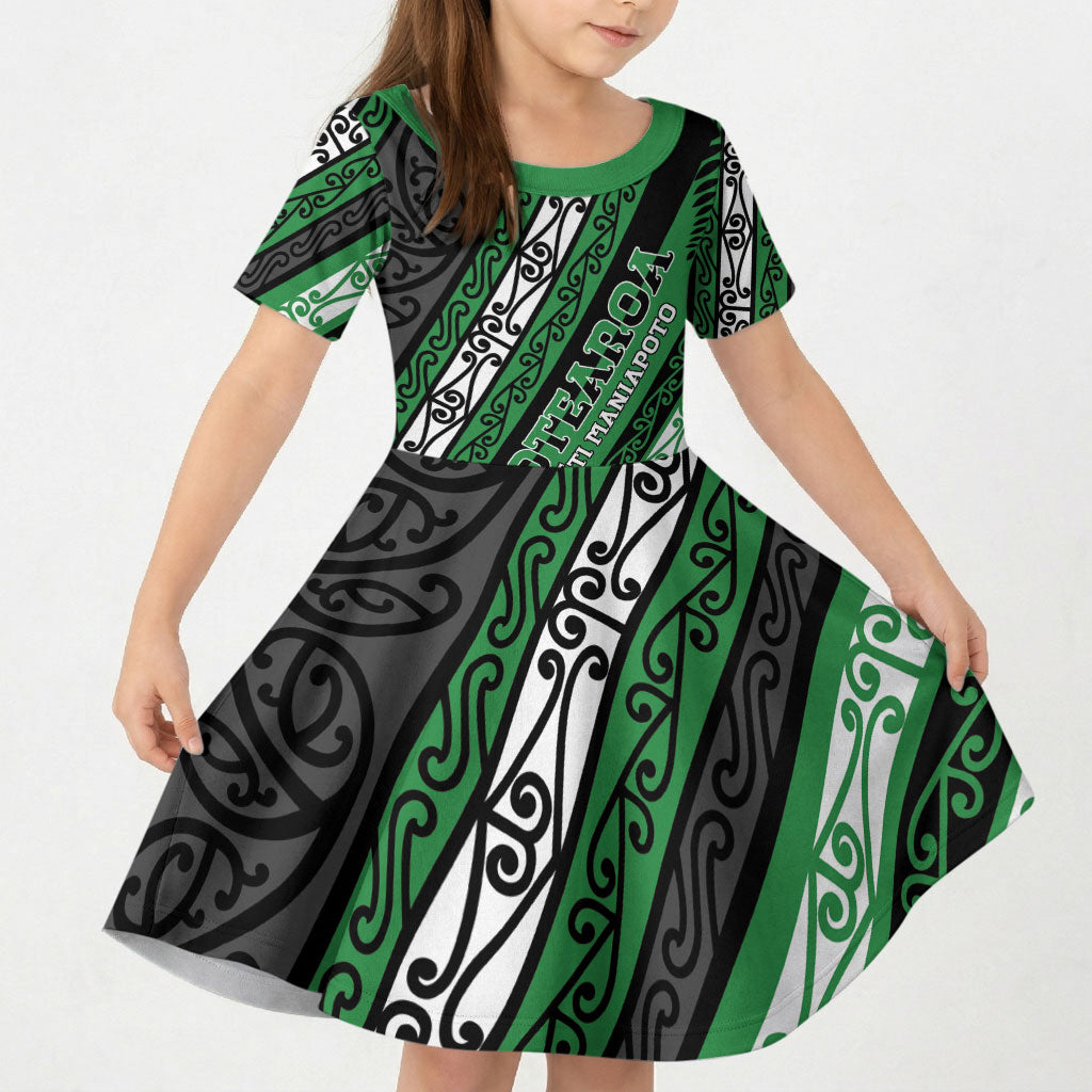 Personalised Aotearoa Ngati Maniapoto Kid Short Sleeve Dress New Zealand Maori Tribal Fern Pattern