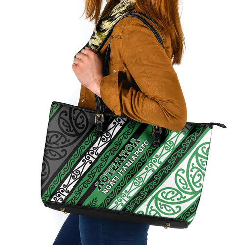 Aotearoa Ngati Maniapoto Leather Tote Bag New Zealand Maori Tribal Fern Pattern