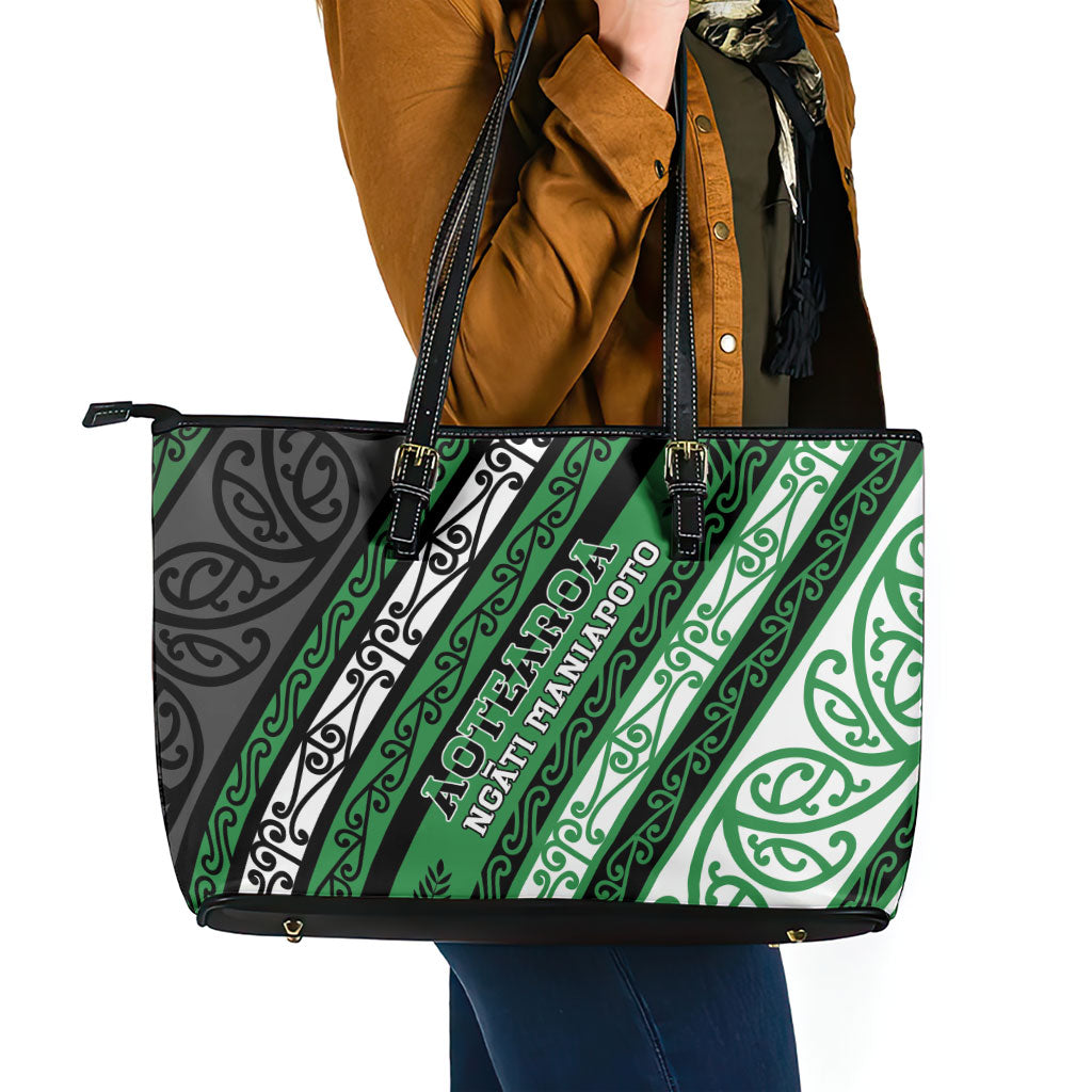 Aotearoa Ngati Maniapoto Leather Tote Bag New Zealand Maori Tribal Fern Pattern