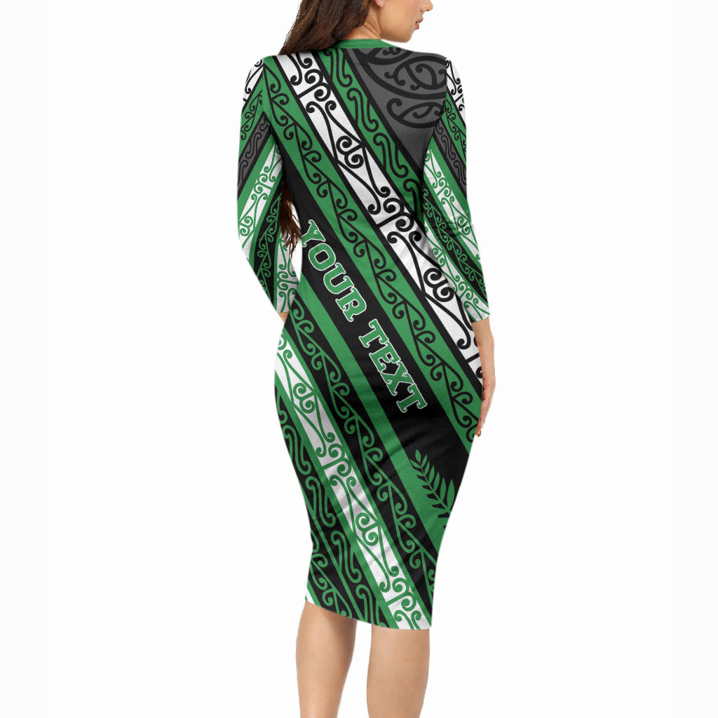Personalised Aotearoa Ngati Maniapoto Long Sleeve Bodycon Dress New Zealand Maori Tribal Fern Pattern