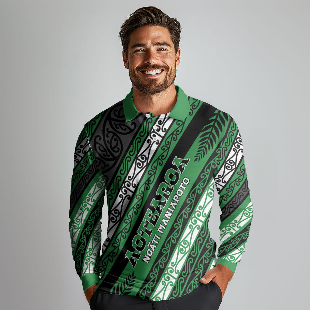 Personalised Aotearoa Ngati Maniapoto Long Sleeve Polo Shirt New Zealand Maori Tribal Fern Pattern