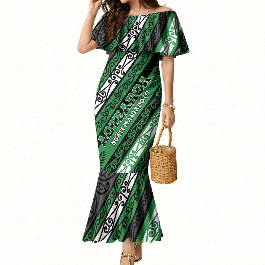 Personalised Aotearoa Ngati Maniapoto Mermaid Dress New Zealand Maori Tribal Fern Pattern