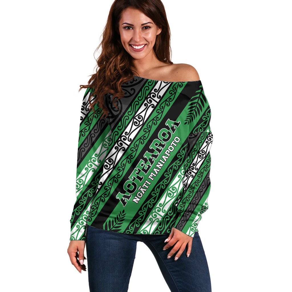 Personalised Aotearoa Ngati Maniapoto Off Shoulder Sweater New Zealand Maori Tribal Fern Pattern