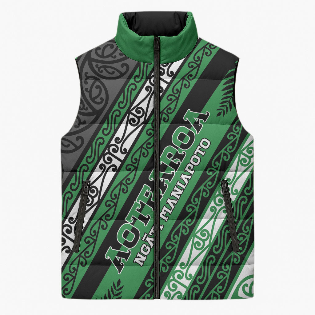 Personalised Aotearoa Ngati Maniapoto Sleeveless Puffer Jacket New Zealand Maori Tribal Fern Pattern