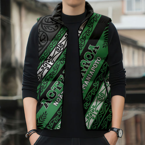 Personalised Aotearoa Ngati Maniapoto Sleeveless Puffer Jacket New Zealand Maori Tribal Fern Pattern