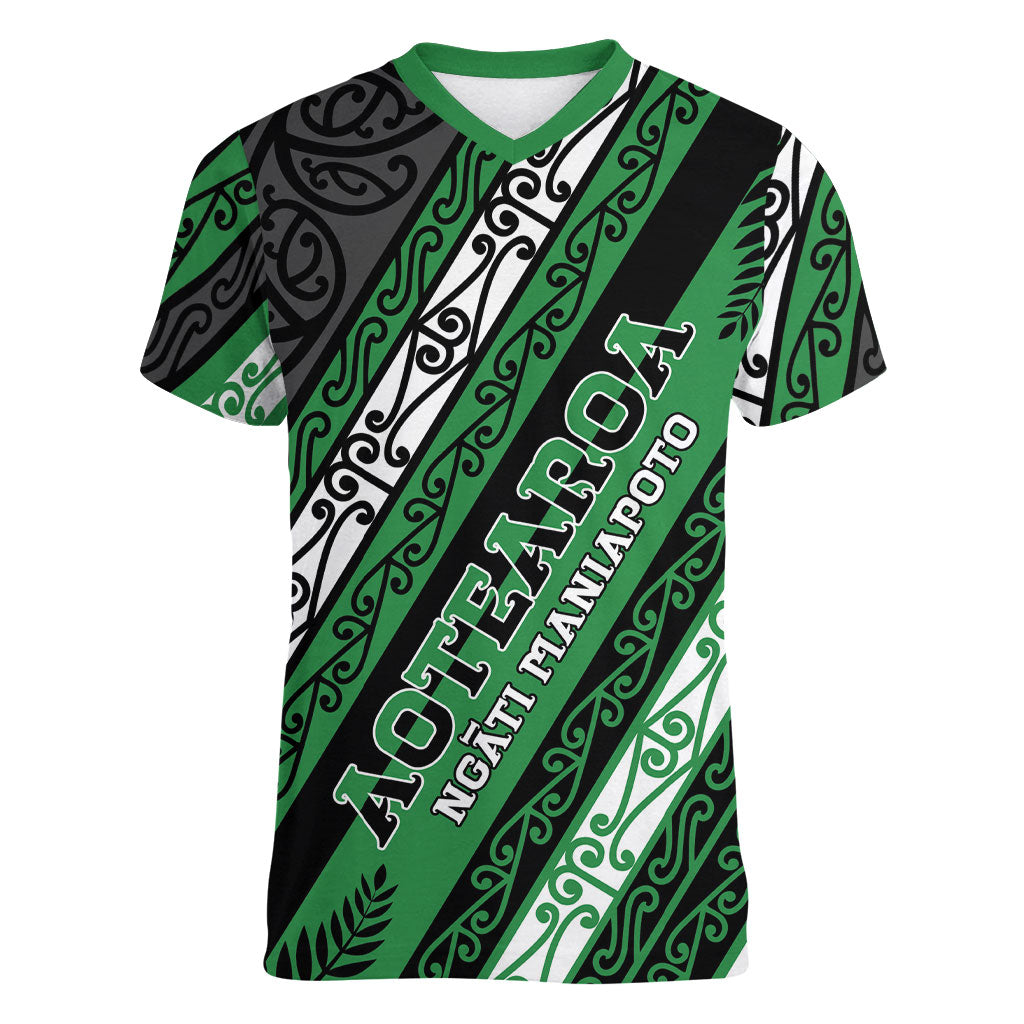 Personalised Aotearoa Ngati Maniapoto Women V-Neck T-Shirt New Zealand Maori Tribal Fern Pattern
