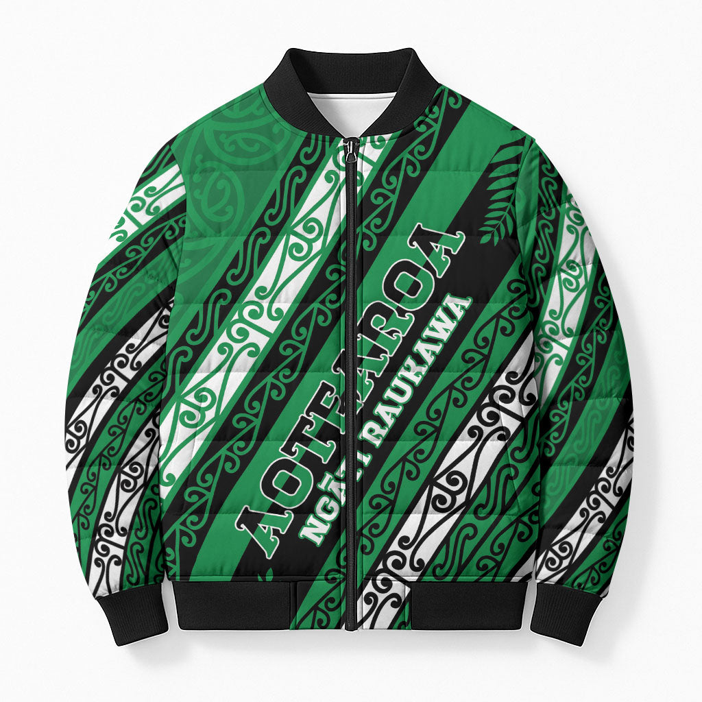 Personalised Aotearoa Ngati Raukawa Bomber Puffer Jacket New Zealand Maori Tribal Fern Pattern
