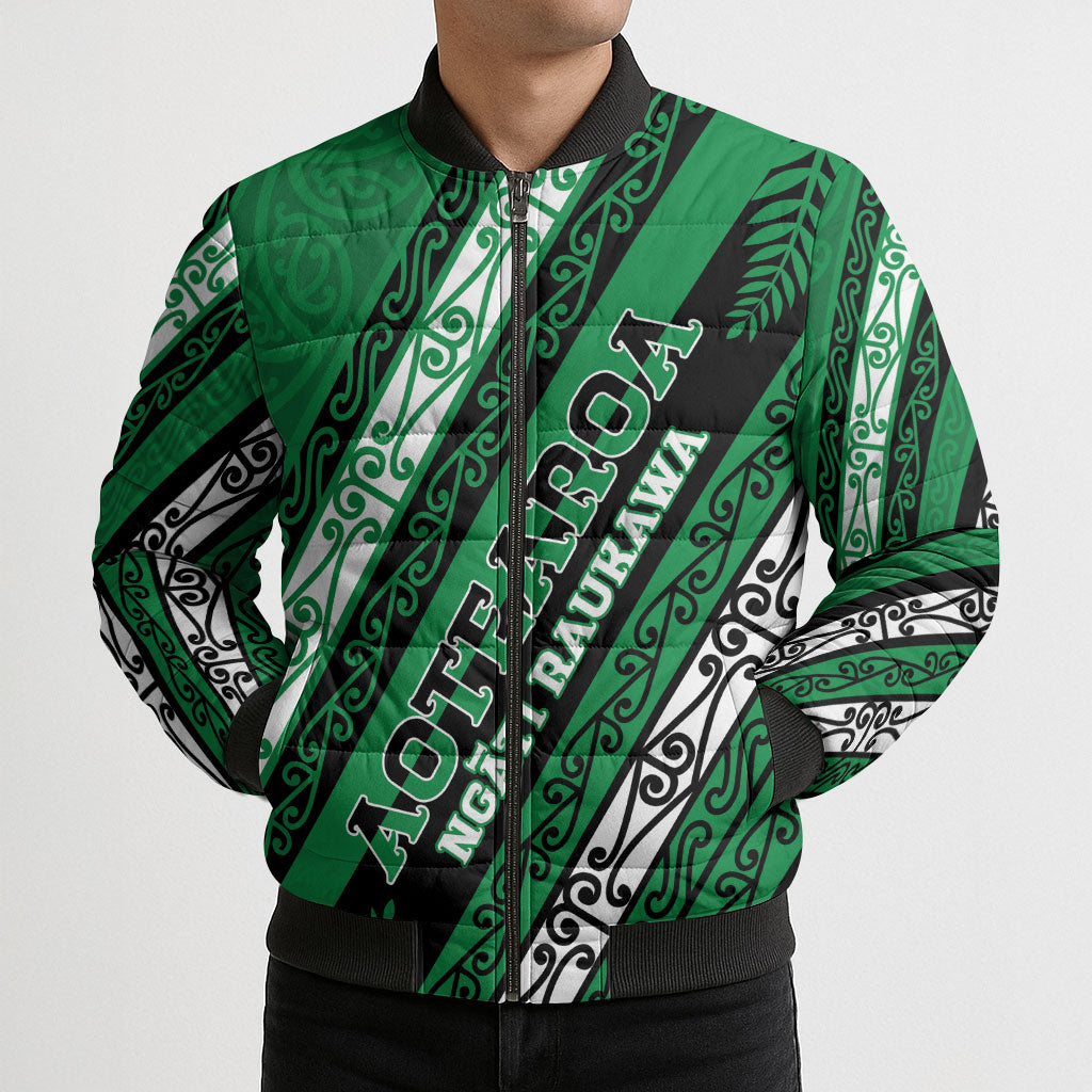 Personalised Aotearoa Ngati Raukawa Bomber Puffer Jacket New Zealand Maori Tribal Fern Pattern