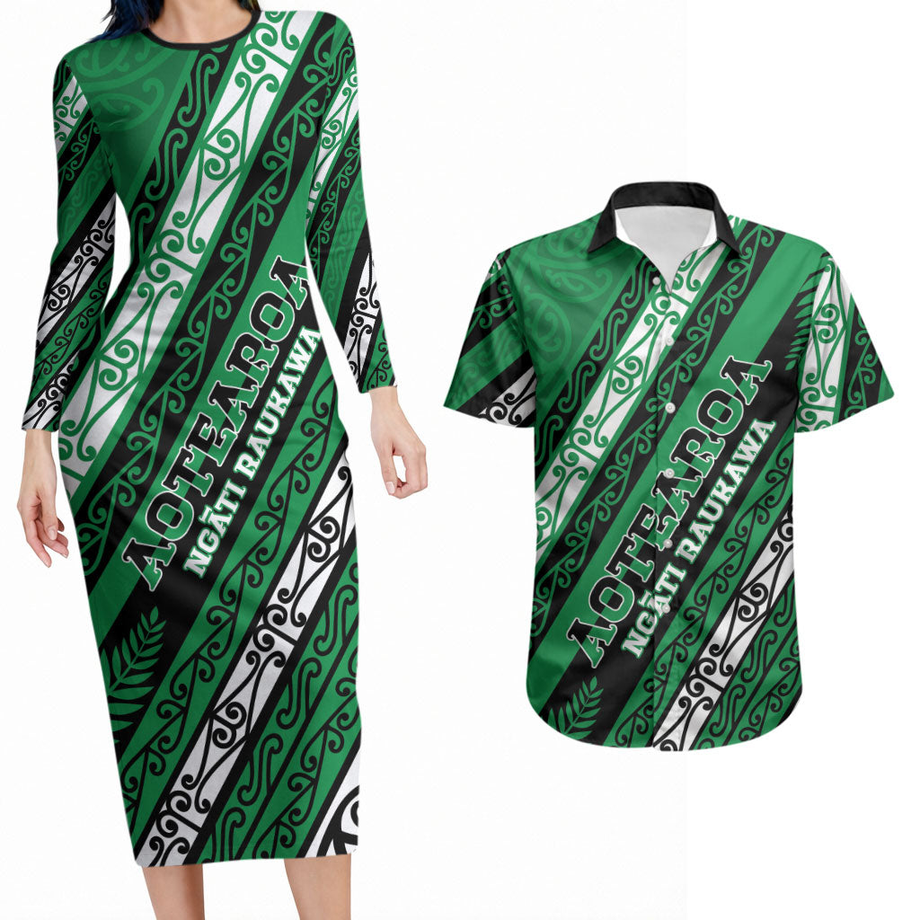 Personalised Aotearoa Ngati Raukawa Couples Matching Long Sleeve Bodycon Dress and Hawaiian Shirt New Zealand Maori Tribal Fern Pattern