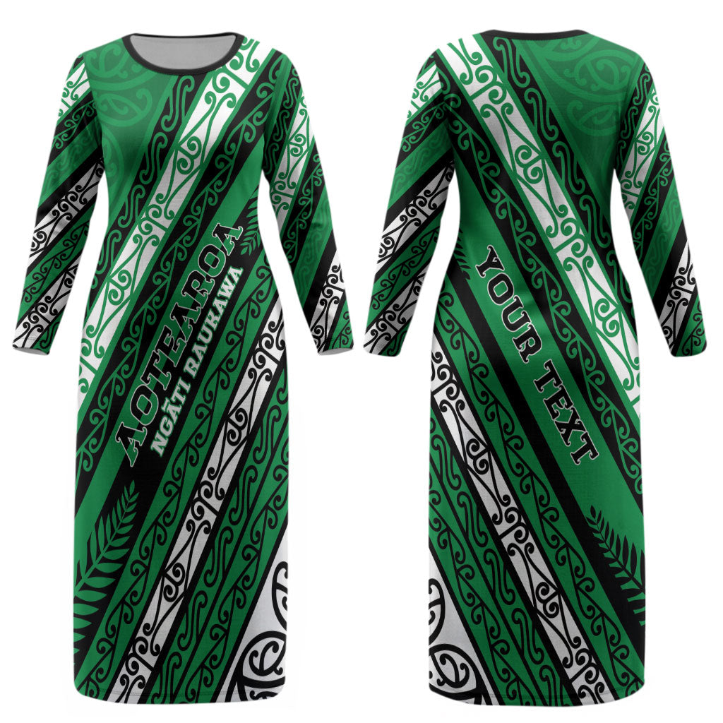 Personalised Aotearoa Ngati Raukawa Couples Matching Long Sleeve Bodycon Dress and Long Sleeve Button Shirt New Zealand Maori Tribal Fern Pattern