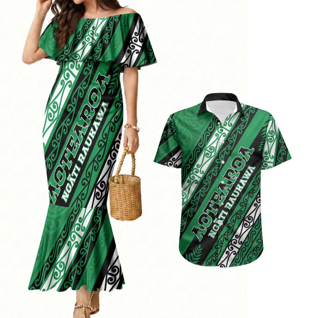 Personalised Aotearoa Ngati Raukawa Couples Matching Mermaid Dress and Hawaiian Shirt New Zealand Maori Tribal Fern Pattern