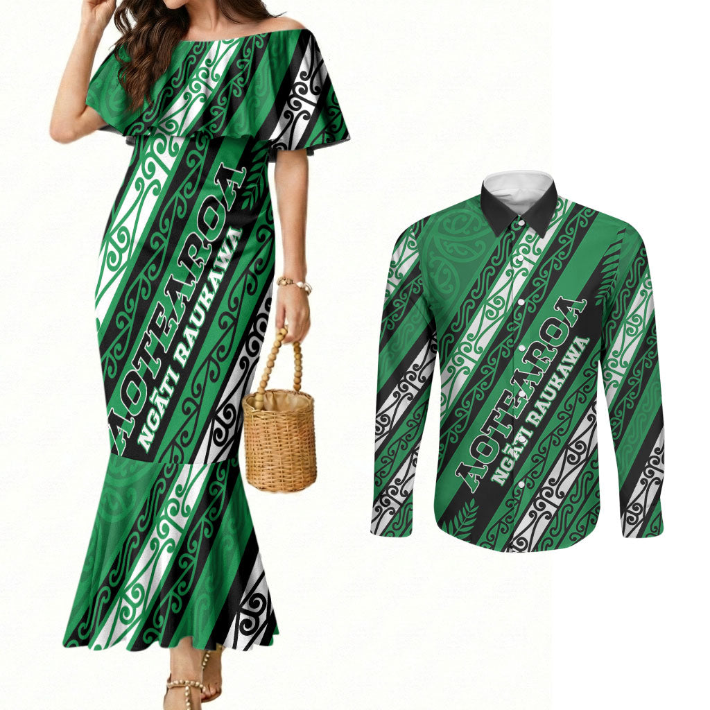 Personalised Aotearoa Ngati Raukawa Couples Matching Mermaid Dress and Long Sleeve Button Shirt New Zealand Maori Tribal Fern Pattern