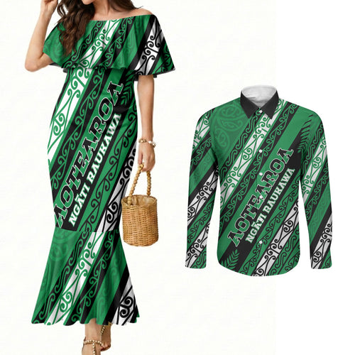 Personalised Aotearoa Ngati Raukawa Couples Matching Mermaid Dress and Long Sleeve Button Shirt New Zealand Maori Tribal Fern Pattern