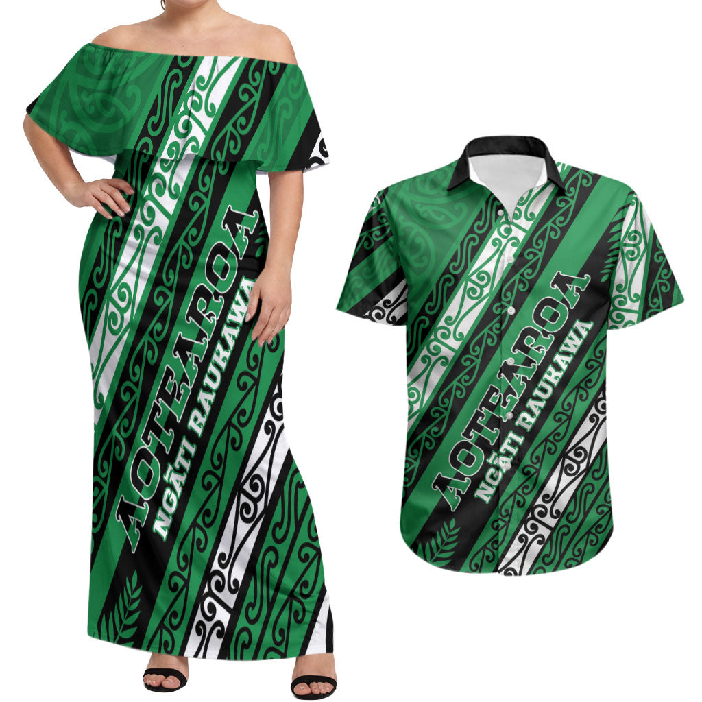 Personalised Aotearoa Ngati Raukawa Couples Matching Off Shoulder Maxi Dress and Hawaiian Shirt New Zealand Maori Tribal Fern Pattern