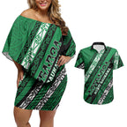 Personalised Aotearoa Ngati Raukawa Couples Matching Off Shoulder Short Dress and Hawaiian Shirt New Zealand Maori Tribal Fern Pattern