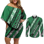 Personalised Aotearoa Ngati Raukawa Couples Matching Off Shoulder Short Dress and Long Sleeve Button Shirt New Zealand Maori Tribal Fern Pattern