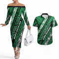 Personalised Aotearoa Ngati Raukawa Couples Matching Off The Shoulder Long Sleeve Dress and Hawaiian Shirt New Zealand Maori Tribal Fern Pattern