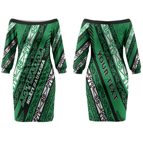 Personalised Aotearoa Ngati Raukawa Couples Matching Off The Shoulder Long Sleeve Dress and Long Sleeve Button Shirt New Zealand Maori Tribal Fern Pattern
