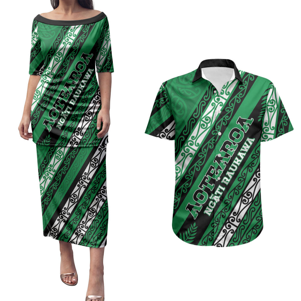 Personalised Aotearoa Ngati Raukawa Couples Matching Puletasi and Hawaiian Shirt New Zealand Maori Tribal Fern Pattern