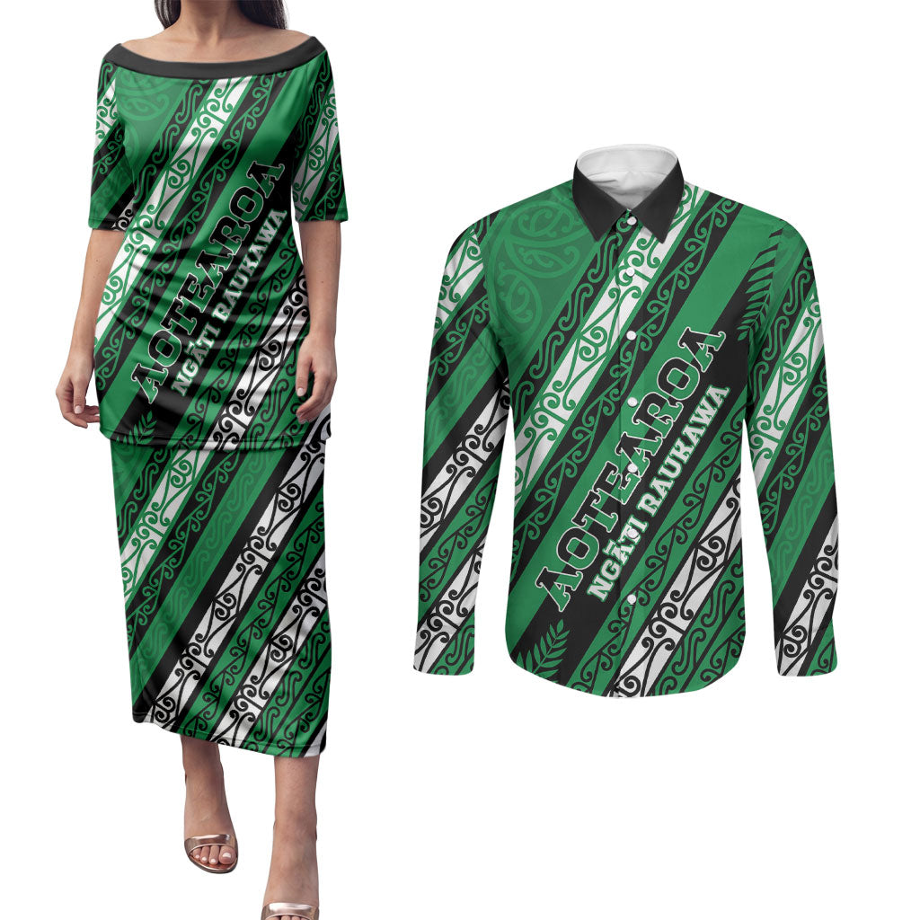 Personalised Aotearoa Ngati Raukawa Couples Matching Puletasi and Long Sleeve Button Shirt New Zealand Maori Tribal Fern Pattern