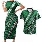 Personalised Aotearoa Ngati Raukawa Couples Matching Short Sleeve Bodycon Dress and Hawaiian Shirt New Zealand Maori Tribal Fern Pattern