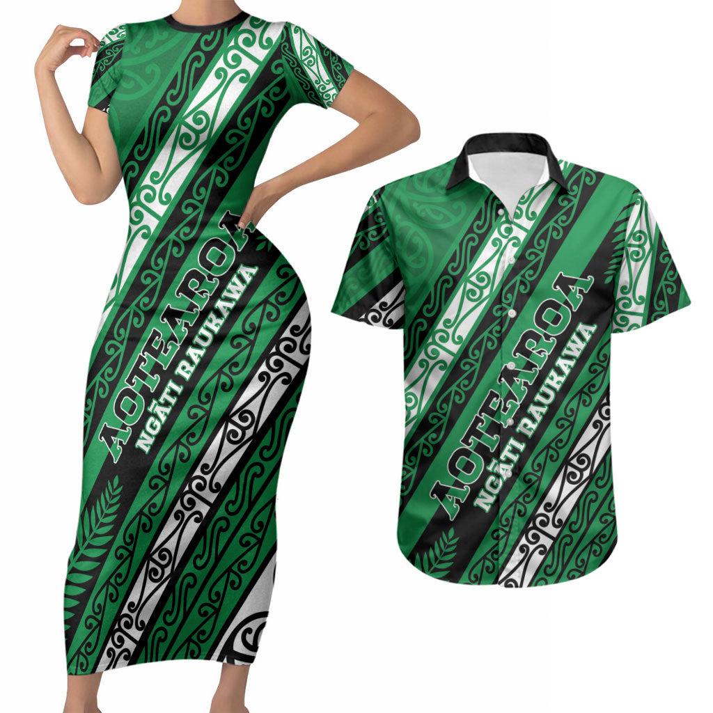 Personalised Aotearoa Ngati Raukawa Couples Matching Short Sleeve Bodycon Dress and Hawaiian Shirt New Zealand Maori Tribal Fern Pattern