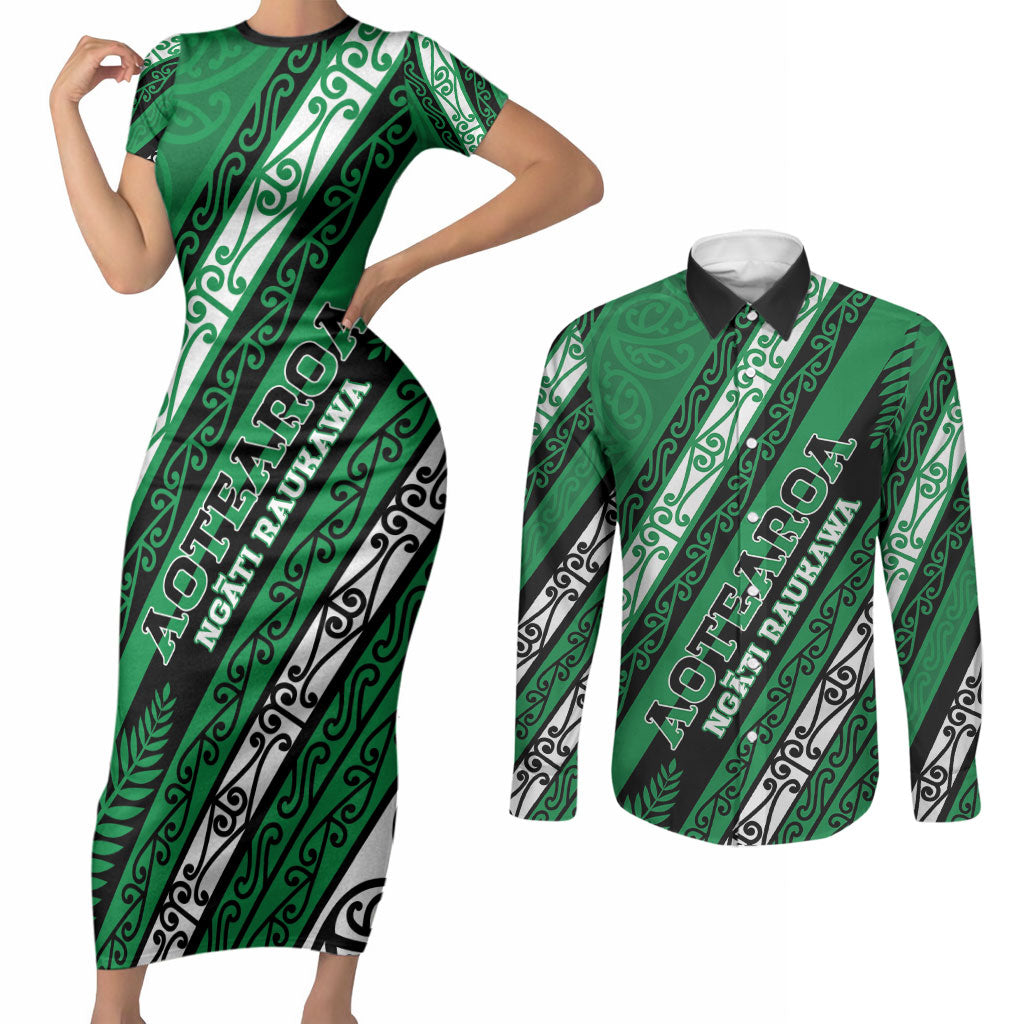 Personalised Aotearoa Ngati Raukawa Couples Matching Short Sleeve Bodycon Dress and Long Sleeve Button Shirt New Zealand Maori Tribal Fern Pattern
