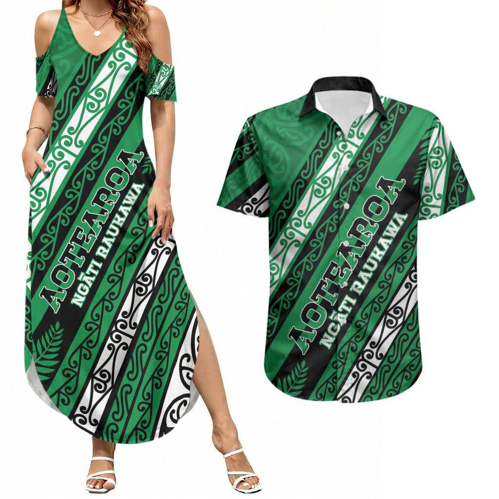 Personalised Aotearoa Ngati Raukawa Couples Matching Summer Maxi Dress and Hawaiian Shirt New Zealand Maori Tribal Fern Pattern