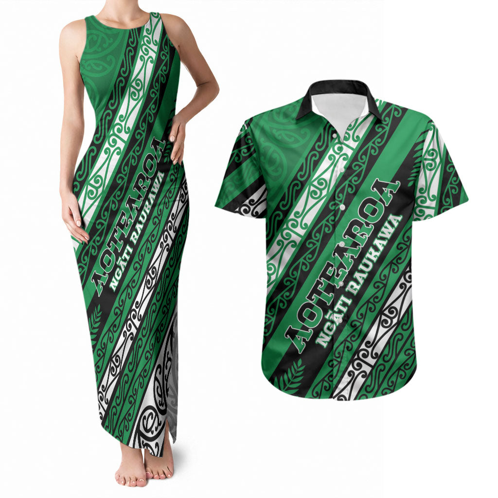 Personalised Aotearoa Ngati Raukawa Couples Matching Tank Maxi Dress and Hawaiian Shirt New Zealand Maori Tribal Fern Pattern
