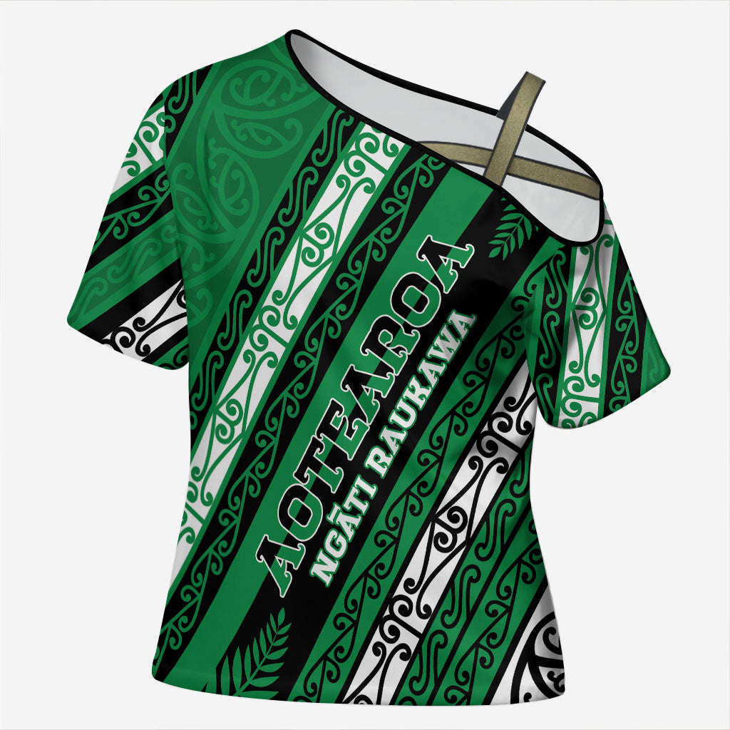 Personalised Aotearoa Ngati Raukawa Cross Shoulder Shirt New Zealand Maori Tribal Fern Pattern