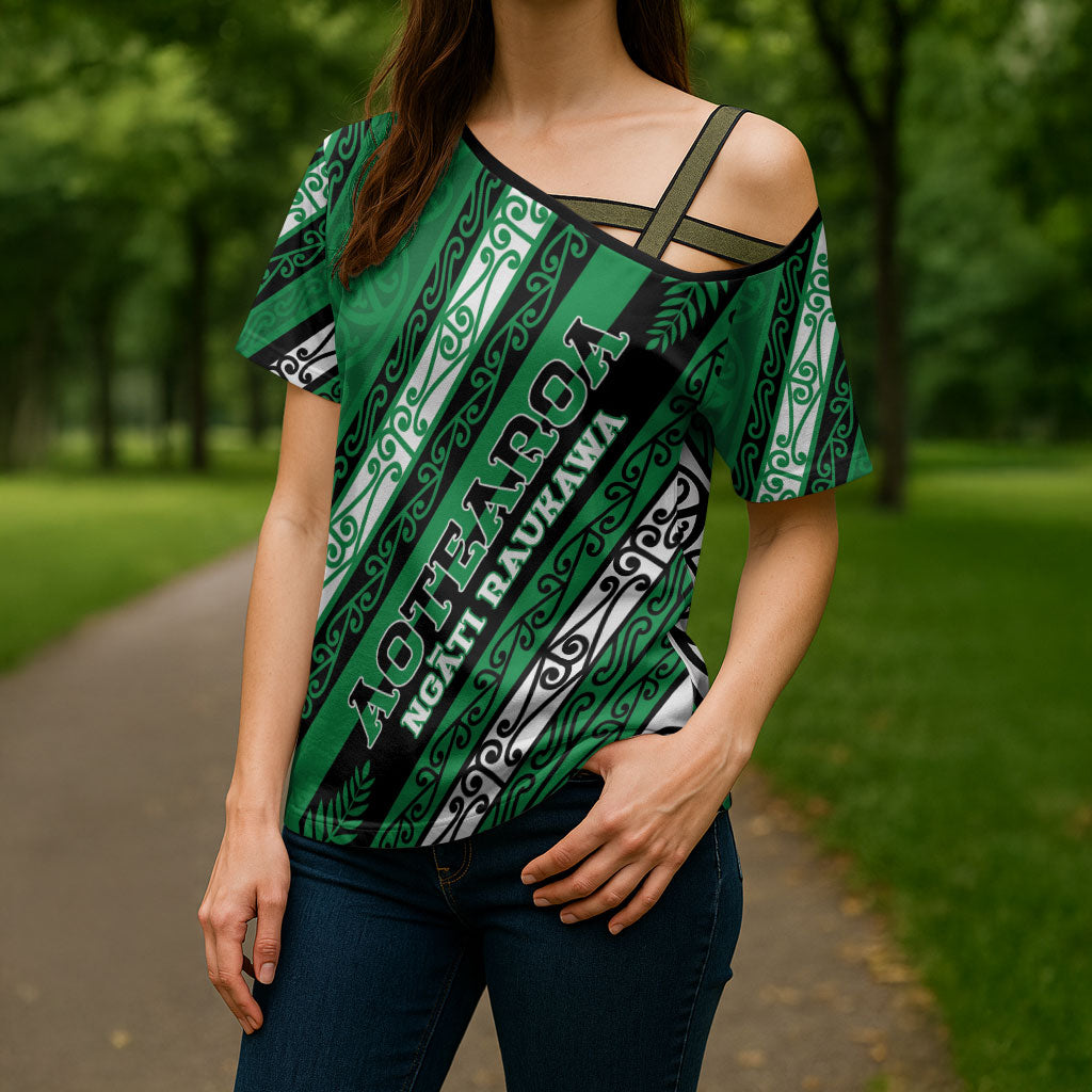 Personalised Aotearoa Ngati Raukawa Cross Shoulder Shirt New Zealand Maori Tribal Fern Pattern