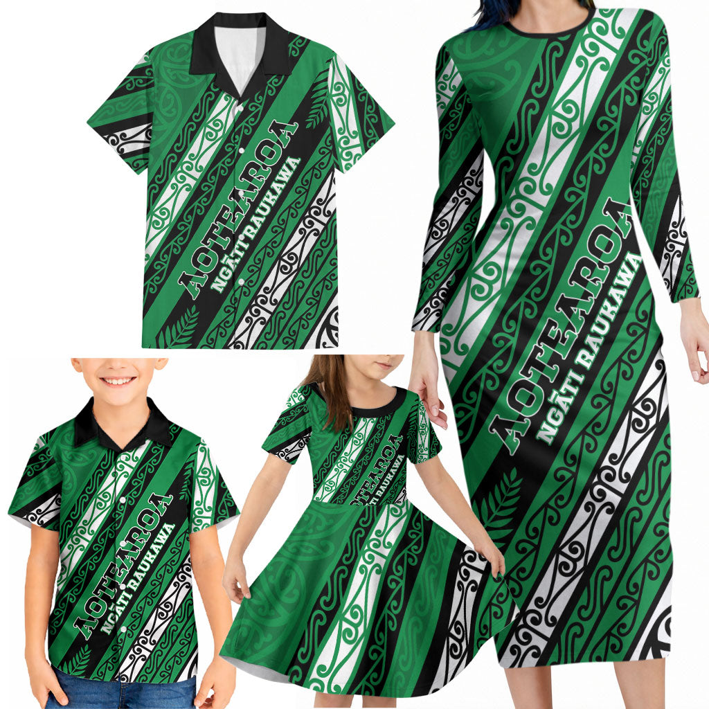 Personalised Aotearoa Ngati Raukawa Family Matching Long Sleeve Bodycon Dress and Hawaiian Shirt New Zealand Maori Tribal Fern Pattern